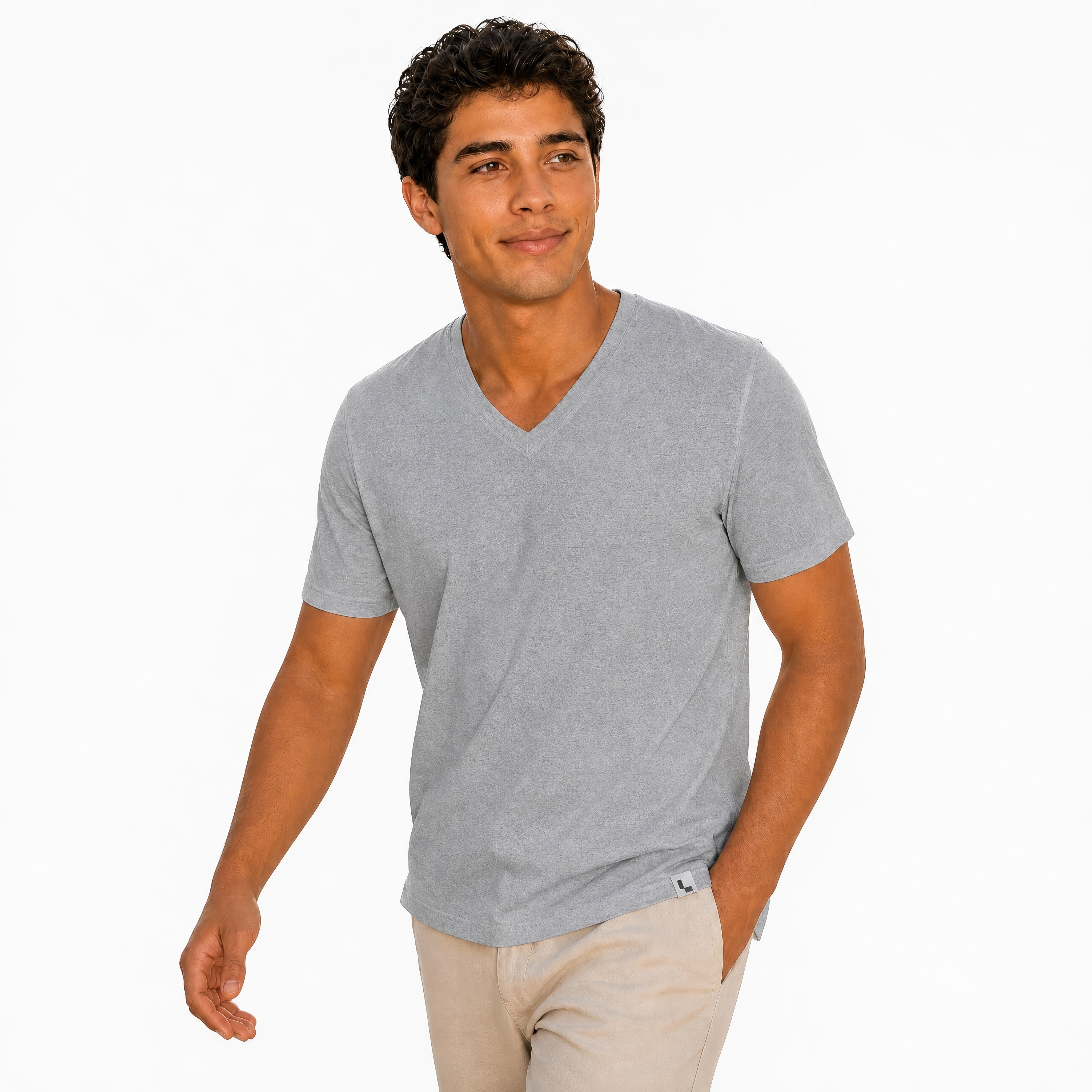 The V-Neck Tee in Gray — worn by model