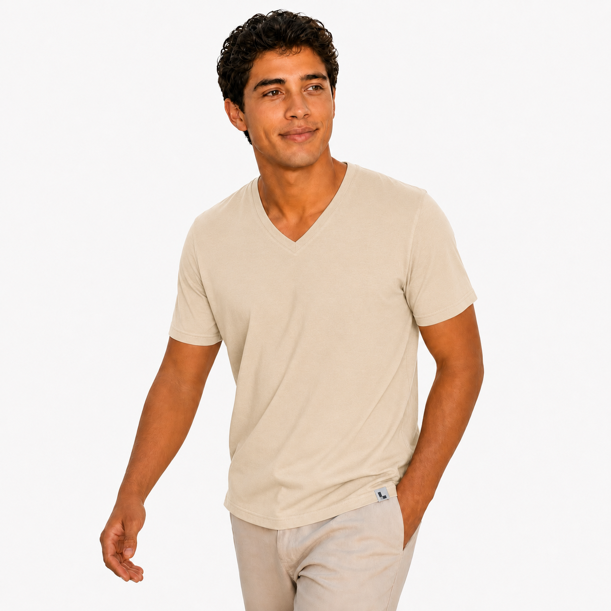 The V-Neck Tee in Beige — worn by model