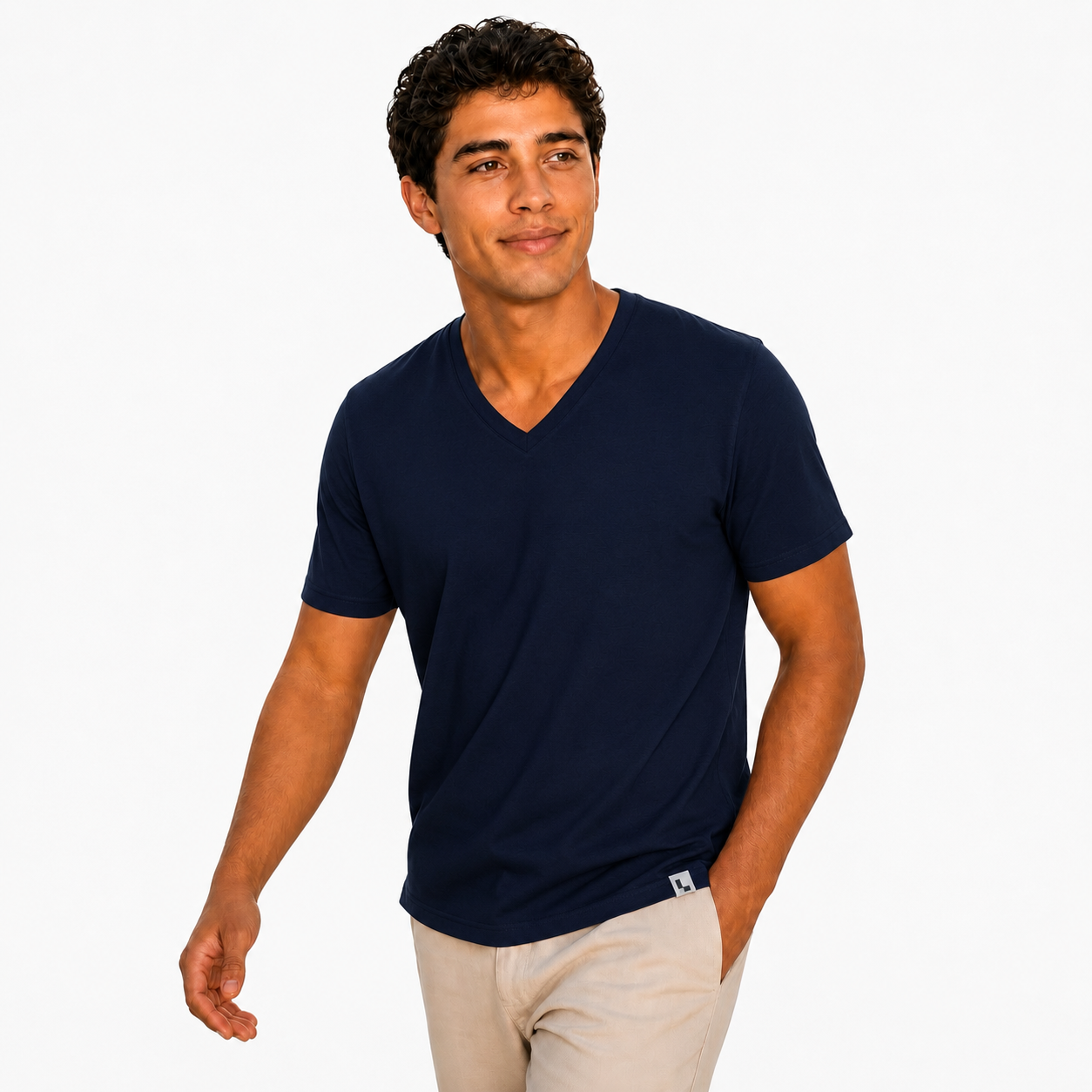 The V-Neck Tee in Navy Blue — worn by model