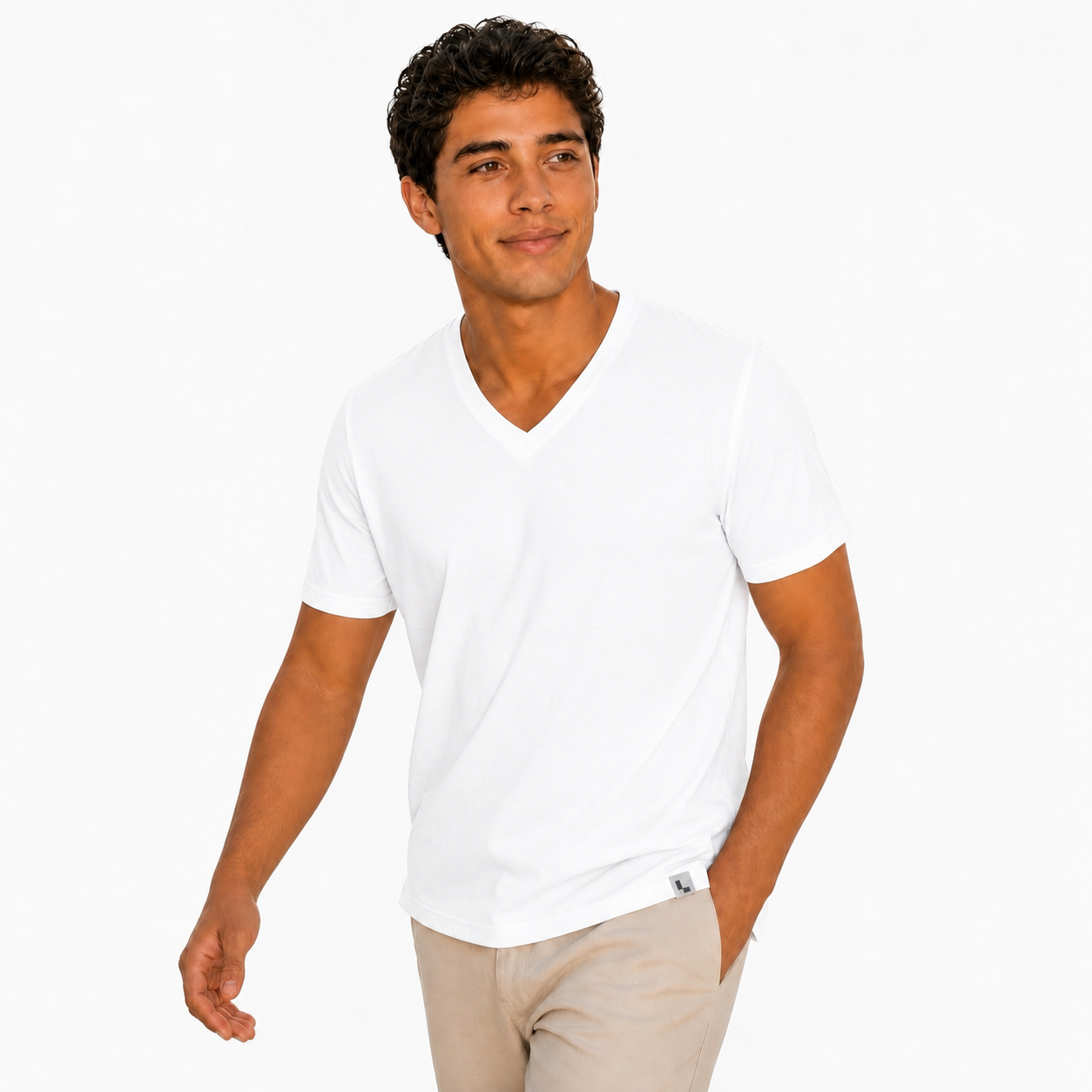 The V-Neck Tee in White — worn by model